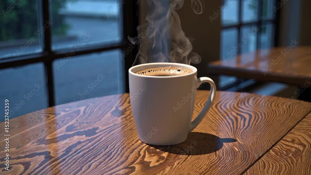 Fresh coffee in mug on wood table. Steam rises from hot drink near glass. Rain on window behind coffee. Mug with warm tea steam. Relaxation moment with hot mug. Drink by rain-covered window