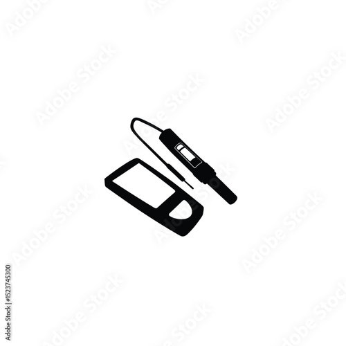 Minimalist silhouette of a home cholesterol test kit with a small reader on white background