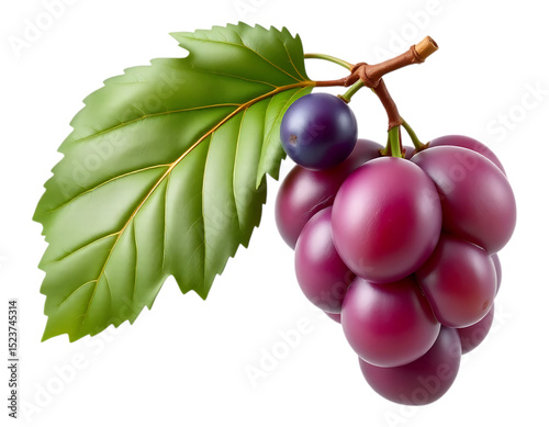Close-up of a Bunch of Ripe, Purple Grapes with a Leaf