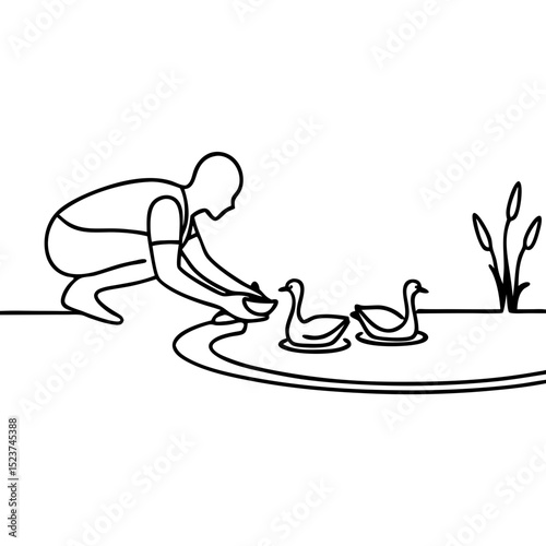 Person Feeding Ducks by the Pond in Minimalist Style for Nature Blogs, Awareness Campaigns, Educational Content, and Wildlife Conservation Articles  