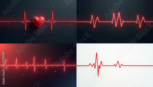 A collection of stylized heartbeat lines in bright red on a dark and white background with subtle glow effects

