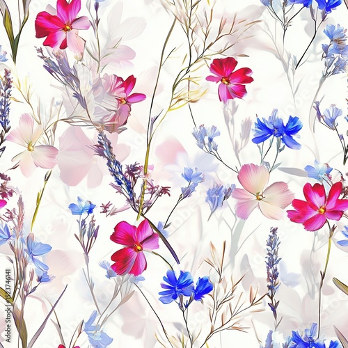 An ethereal seamless pattern of wildflowers with vibrant blue and pink blossoms intertwined with delicate green stems on a soft, light background