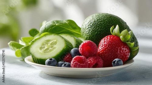 Low purine foods with vegetables and fruits remedy concept. Fresh and colorful plate of healthy fruits and vegetables.