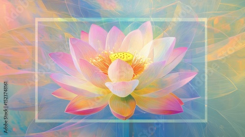 From a blue geometric vase, a resplendent crystal lotus emerges, surrounded by confetti suspended in a bright blue sky
