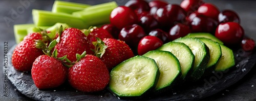 Low purine foods with vegetables and fruits remedy concept. Fresh strawberries, cucumbers, grapes, and celery on a slate platter.