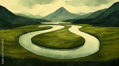 The rural countryside is home to a meandering river bend, with a solitary mountain watching over it