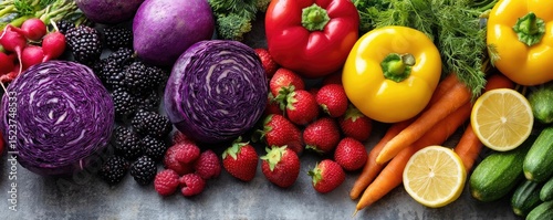 Low purine foods with vegetables and fruits remedy concept. Vibrant array of fresh vegetables and fruits on a wooden table.