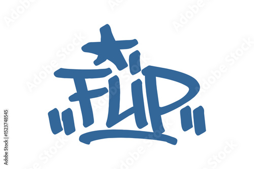 Graffiti tag text "Flip" in bold blue urban style with skateboard vibe. Hand-drawn lettering with raw spray paint texture. Perfect for streetwear, posters, merch, and edgy visuals.

