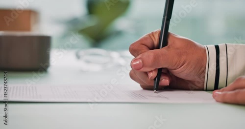 Hands, document and woman with signature on contract for insurance policy, title deed and compliance agreement. Sign up, person and writing on legal paperwork for loan application or settlement deal