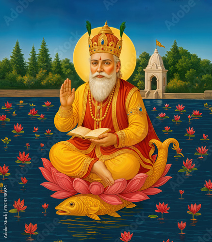 Divine image of Jhulelal Sai seated on a golden fish with open scripture, radiating blessings. Chetichand Festival is celebrated for Uderolal Jhulelal Sai.	
