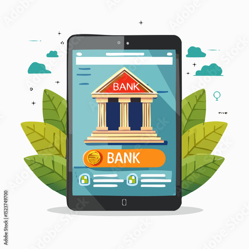 Digital Banking Interface: A modern tablet displays a banking app interface with a classic bank facade, symbolizing secure online financial transactions.