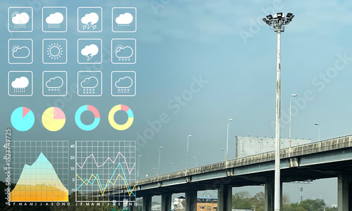 Weather forecast background with graph and chart symbol on suburb expressway. Image use for meteorology presentation and travel business background.