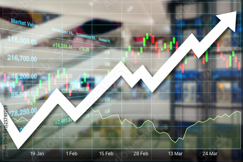 stock financial index show successful investment on commercial department store with graph, chart and candlesticks on interior building blurry background.