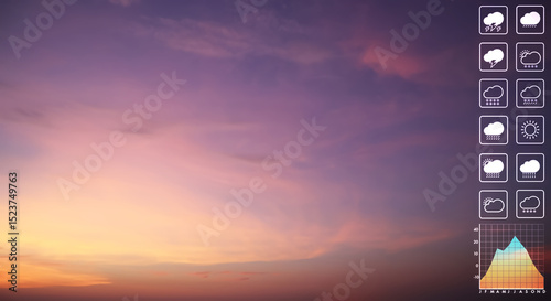 Dramatic colorful atmosphere of twilight sky and soft clouds with graph and chart weather symbol for meteorology forecast and silhouette travel business presentation background.
