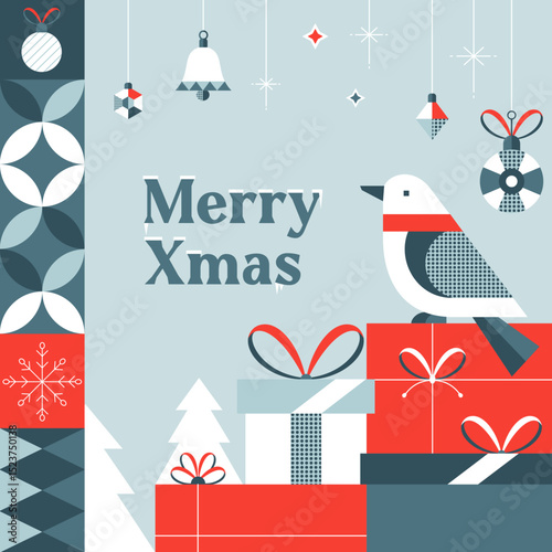 Postcard with bird and Merry Xmas lettering