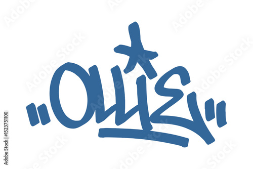 Graffiti tag text "Ollie" in bold blue urban style with skateboard vibe. Hand-drawn lettering with raw spray paint texture. Perfect for streetwear, posters, merch, and edgy visuals.

