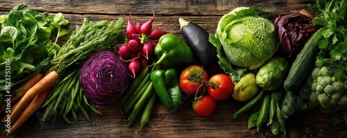 Low purine foods with vegetables and fruits remedy concept. A vibrant assortment of fresh vegetables on rustic wooden table.