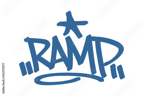 Graffiti tag text "Ramp" in bold blue urban style with skateboard vibe. Hand-drawn lettering with raw spray paint texture. Perfect for streetwear, posters, merch, and edgy visuals.
