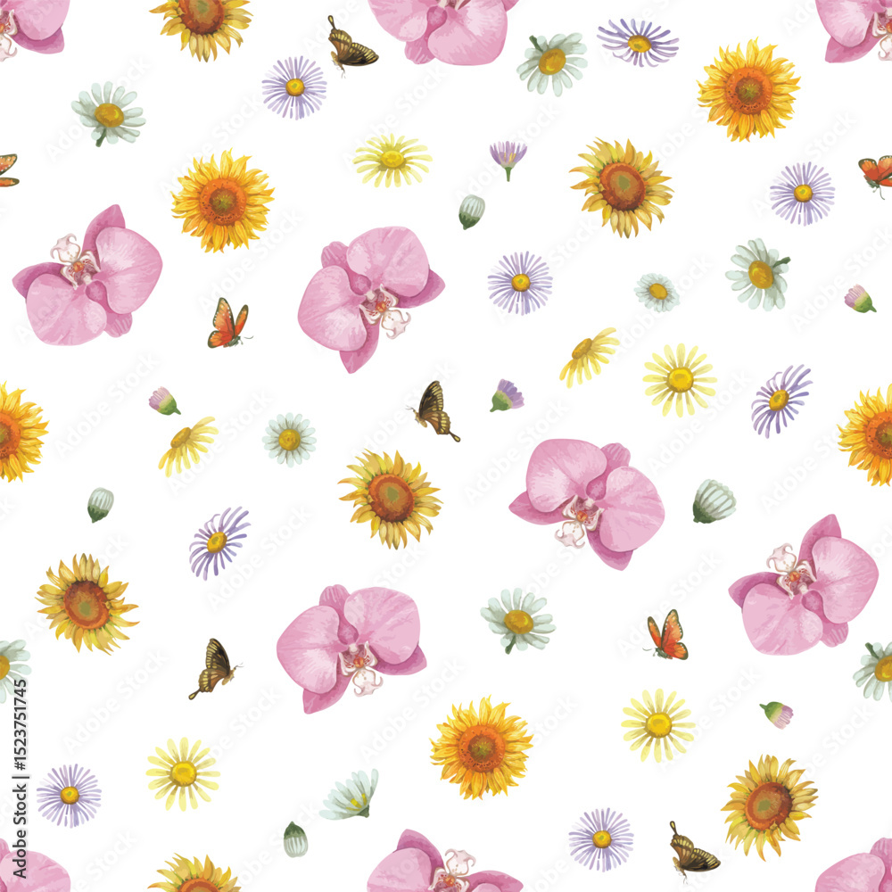 Obraz premium Seamless pattern of sunflower, orchid, daisy with watercolor painted.