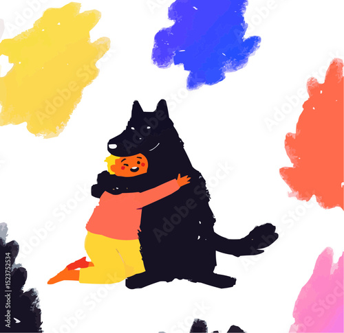 Boy embraces big dog, happiness, background white, flat vector illustration