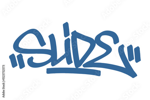 Graffiti tag text "Slidez" in bold blue urban style with skateboard vibe. Hand-drawn lettering with raw spray paint texture. Perfect for streetwear, posters, merch, and edgy visuals.
