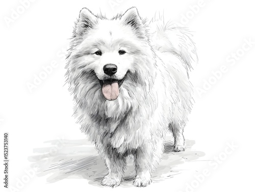 An adorable Samoyed dog with fluffy white fur stands cheerfully with its tongue out in digital illustration.