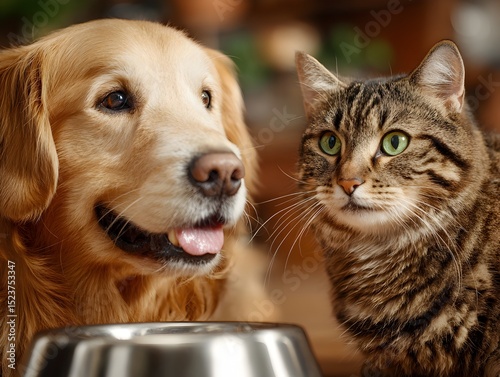 A golden retriever and a tabby cat look attentively near a food bowl hoping for a delicious treat now.