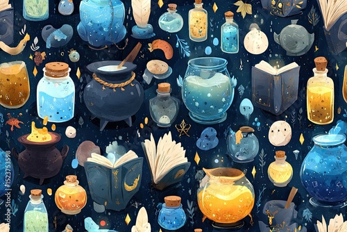 Fabric texture seamless pattern background Tiny Wizards and Potions Mini spellbooks bubbling cauldrons and mischievous wizards in training photo