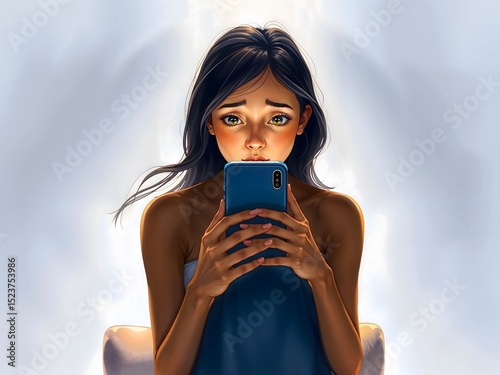 Young woman looking at phone screen with unknown caller in dim light  