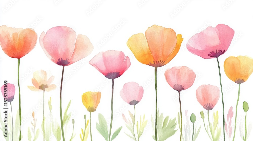 Fototapeta premium Dancing across the paper is a vibrant watercolor illustration of a blooming poppy patch in an array of purple, orange, and yellow hues