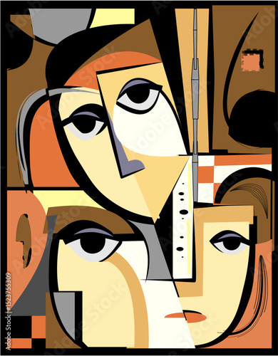 A colorful abstract representation of faces ,geometrically fragmented composition. Various shapes and lines intersect to create the appearance of eyes, noses, bold use of contrasting colors