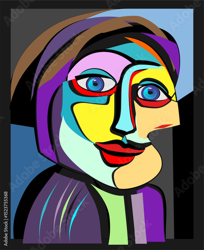 A stylized portrait, giving off a modernist vibe. The subject has large, expressive eyes and a mixture of warm and cool tones are used to depict the face and garment.