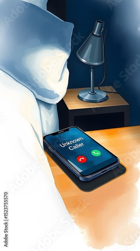 Phone screen with unknown caller beside lamp on nightstand  