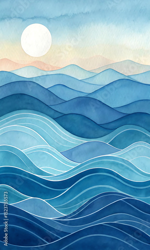 Serene watercolor landscape of blue mountains and ocean waves under a full moon