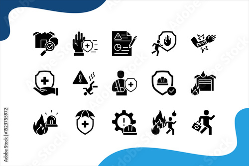 Work Safety icon set with hazard, risk, prevention, protection, accident, emergency, injury, first aid, evacuation and fire.