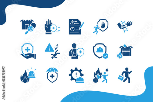 Work Safety icon set with hazard, risk, prevention, protection, accident, emergency, injury, first aid, evacuation and fire.