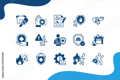 Work Safety icon set with hazard, risk, prevention, protection, accident, emergency, injury, first aid, evacuation and fire.