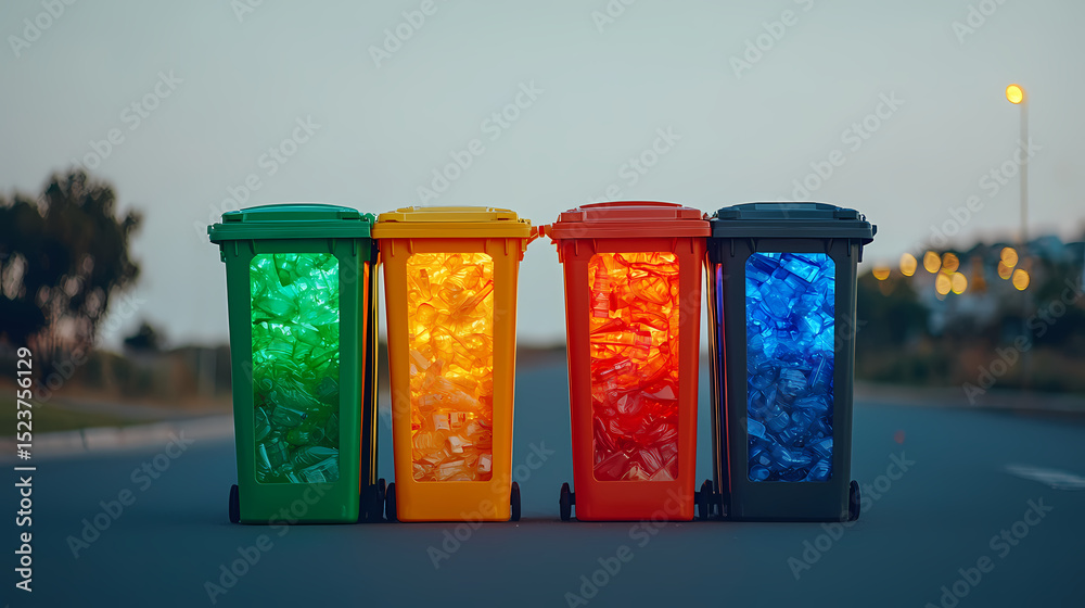 Fototapeta premium Four colorful recycling bins filled with sorted plastic bottles are lined up outdoors on a road at dusk.