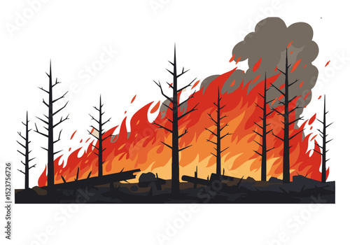 Dramatic charred fire consumes a forest landscape. Intense flames and smoke rise against stark, silhouetted trees. A powerful, evocative scene.