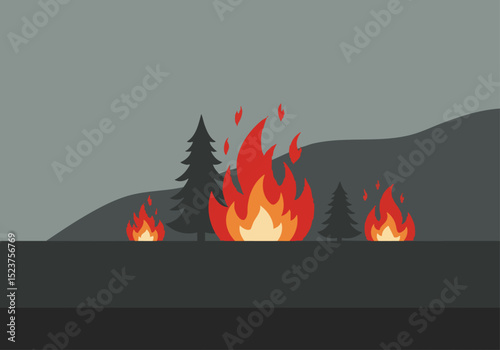 A dramatic hillside fire consumes trees against a muted grey backdrop. Intense flames and smoke create a powerful, visually striking scene. Suitable for impact and warning imagery.