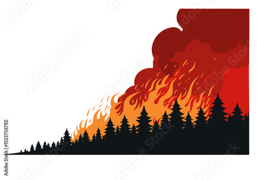 Dramatic forest fire consumes pine trees against a stark red background. Bold, graphic style. Evokes intensity and power. Suitable for impact visuals.