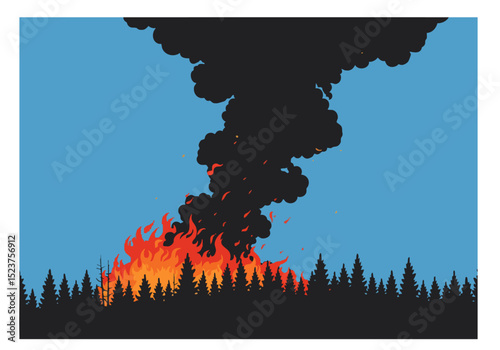 Dramatic wildfire consumes a forest, rising smoke dominates the sky. A stark, impactful image of nature's power. Suitable for environmental or disaster themes.