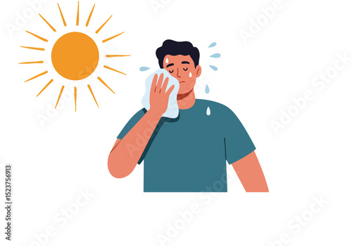 Man experiences heat exhaustion, dabbing sweat with a cloth. Bright sun backdrop emphasizes discomfort. Clear, relatable illustration for health and wellness themes.