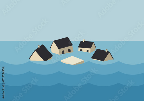 Isolated houses float on a sea, forming a square sink. A minimalist, graphic illustration evokes a sense of loss and isolation. Clean lines and muted tones create a striking visual.