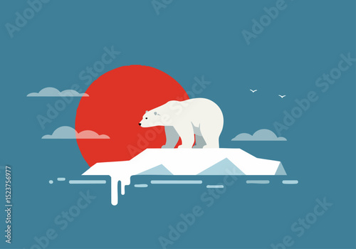 majestic polar bear rests on a melting iceberg beneath a vibrant hot sun A serene minimalist arctic scene with a striking color contrast Ideal for nature conservation and environmental themes