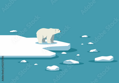 A solitary polar bear stands on a shrinking ice chunk, symbolizing climate change. Clean, modern design with a blue background. Evokes awareness and urgency.