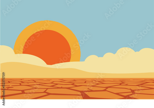 A stylized desert landscape with a blazing sun and cracked earth. Warm colors and a hazy atmosphere create a striking, vintage-inspired visual.
