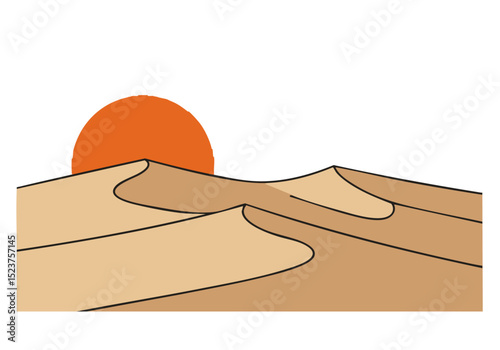Stylized desert landscape with a prominent sun. Simple, graphic design featuring dunes and a warm color palette. Ideal for backgrounds and illustrations.