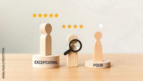 Wooden figures representing customer feedback, with ratings from exceptional to poor, isolated on white background
