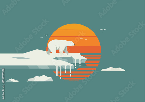 A stylized illustration depicts a polar bear on melting ice, set against a vibrant sunset. Evokes climate change awareness with a modern, minimalist aesthetic.